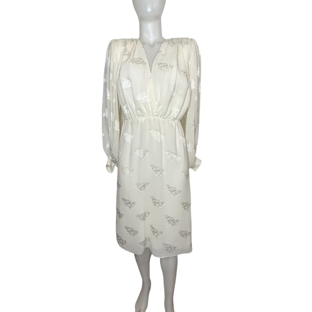 Vintage 80s Cachet Dress V Neck Top Wrap SZ 4 Balloon Sleeves Ivory (FLAWS